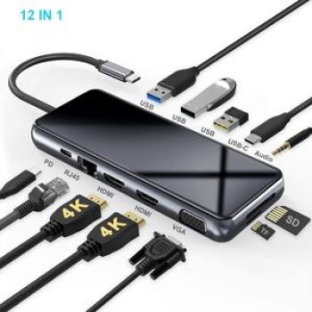 （12 In 1 Black）12 In 1 USB C Hub Docking Station With 3USB/2HDMI/VGA/RJ45/100W PD/Aux Type C Adapter