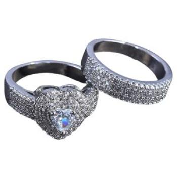 2PcsSet Engagement Rings Luxury Heart Shape Rings Silver