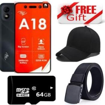 A18, Display 5.0" Display Size(32GB +1GB)(Dual Sim)Battery 2400 MAh + FREE 64GB Mem Card + Belt + Ca