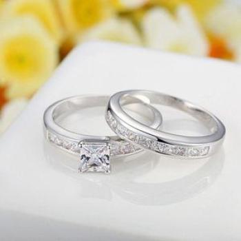 Couple Ring Set Geometric Rhinestone Couple Rings Set Symbol Of Love White