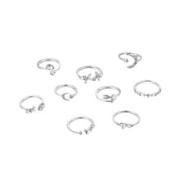 Lady Ring Set Sparkling 9-piece Womens Ring Collection Variety Silver