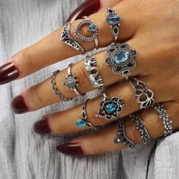 Blue Crystal Heart Flower 13pcs Ring Set