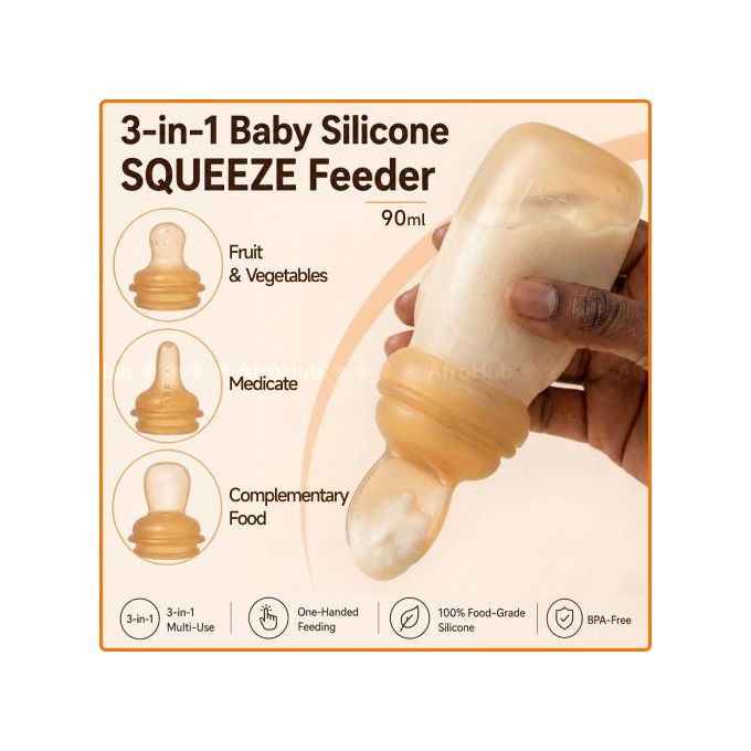 3-in-1 Baby Silicone Squeeze Feeder Bottle (90ml) - Food Dispensing Spoon, Fruit