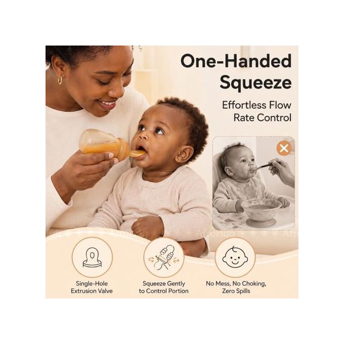 3-in-1 Baby Silicone Squeeze Feeder Bottle (90ml) - Food Dispensing Spoon, Fruit — view 3