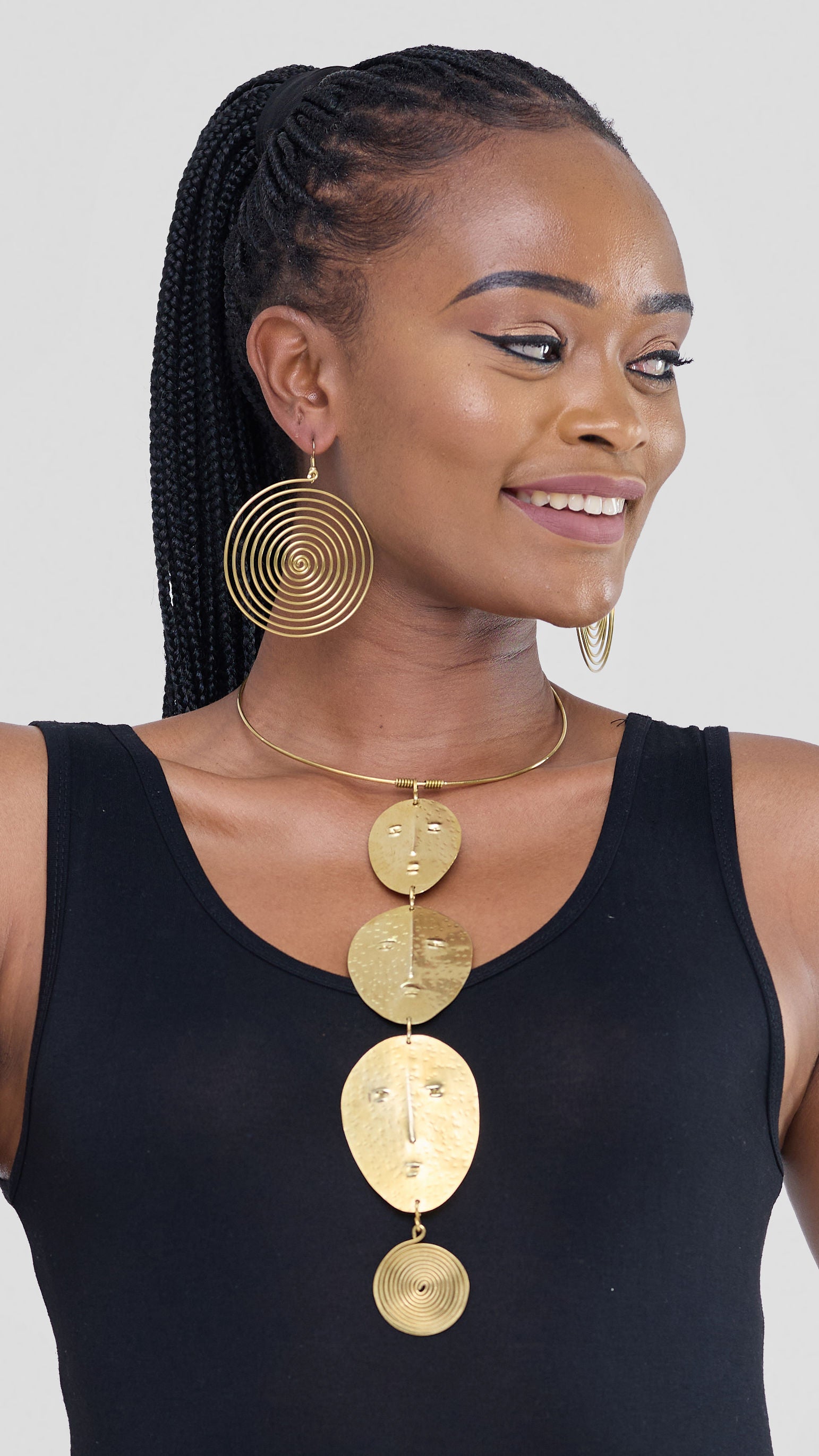 African Brass Face Mask Statement Necklace & Earrings Set-Brass — view 2