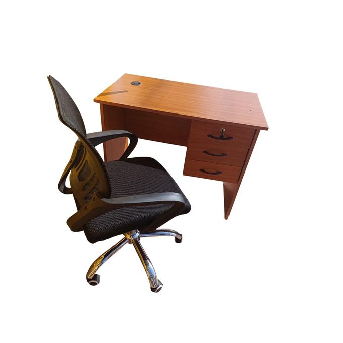 Brown Study Desk & Mesh Chair Set - Durable Wood, Adjustable Height, Modern Design