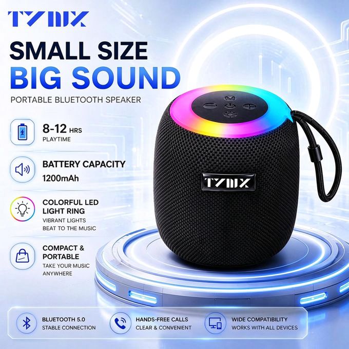 BS16 Black Bluetooth Speaker with LED Lights - Bluetooth 5.0, Ideal for Outdoor
