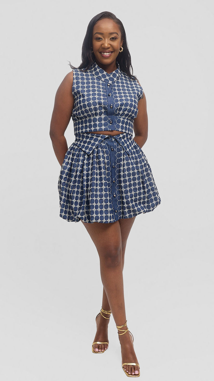 Inroses-Denim Charm Two-piece Set - Navy Blue / Cream — view 3