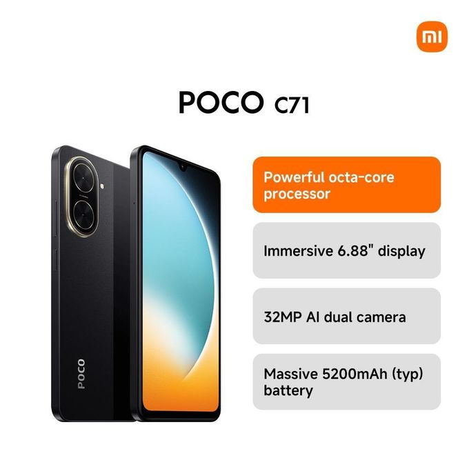 POCO C71, 6.88", 64GB + 3GB RAM (Dual SIM), 5200mAh, 4G - Black (25 Months Warranty)