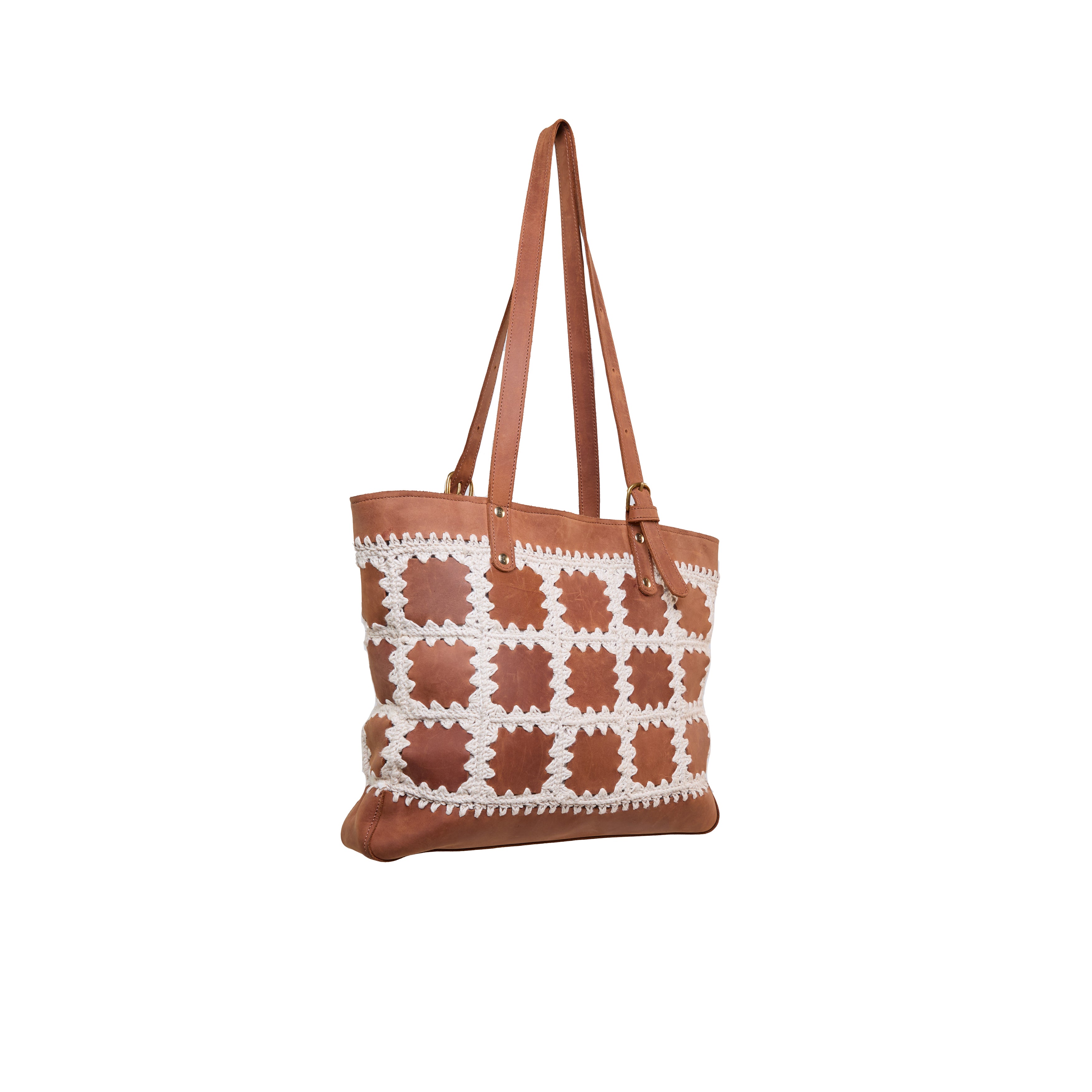 Pull-up Leather Siama Crochet Patched tote — view 2