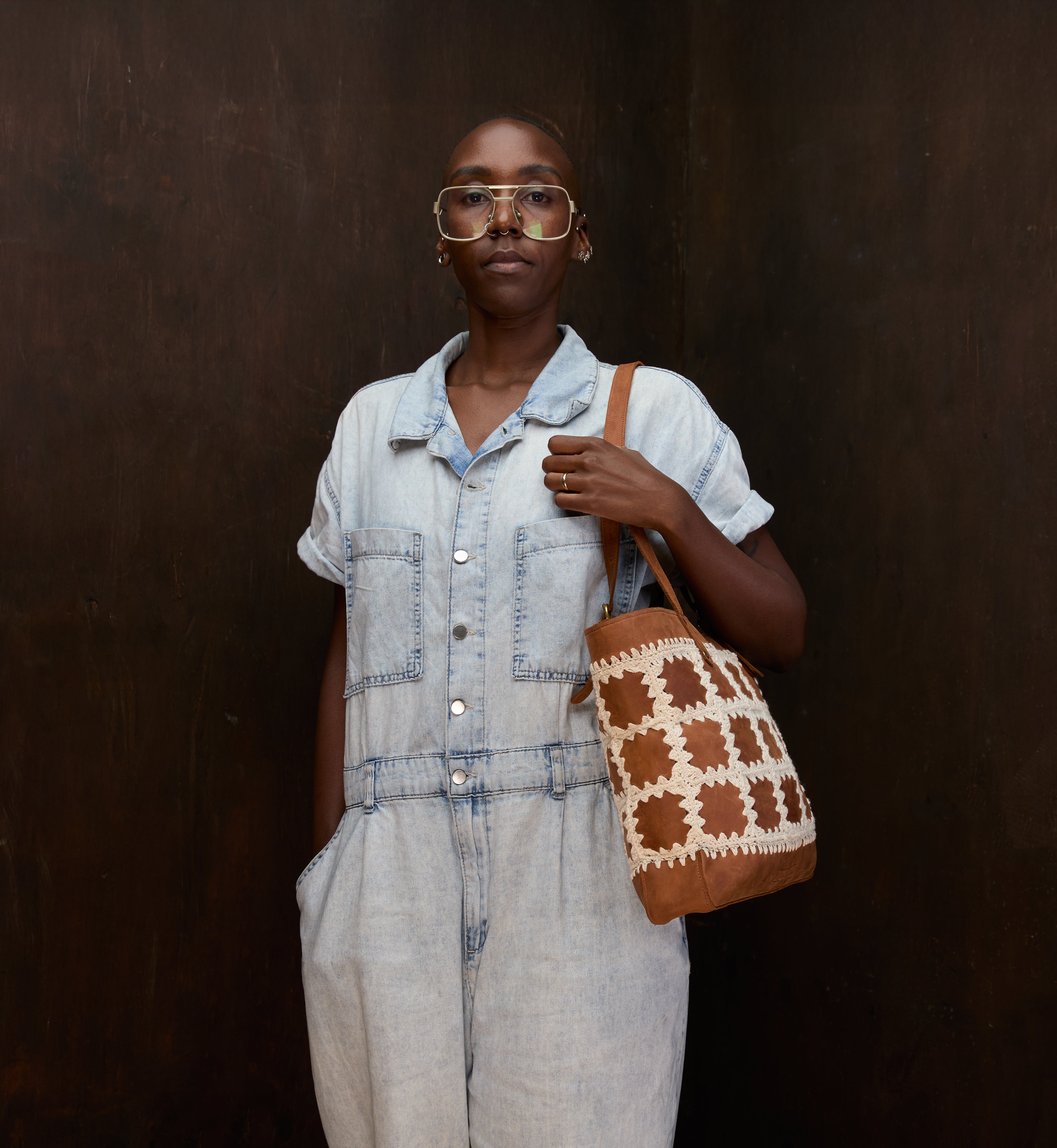 Pull-up Leather Siama Crochet Patched tote — view 3