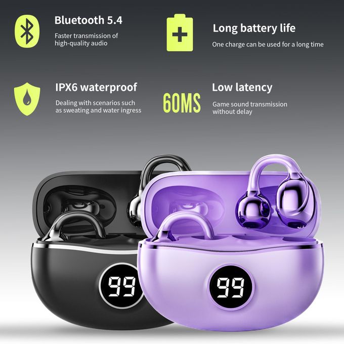 Purple Wireless Open Ear Earbuds with Bluetooth, Air Clip-on Design, Lightweight — view 3