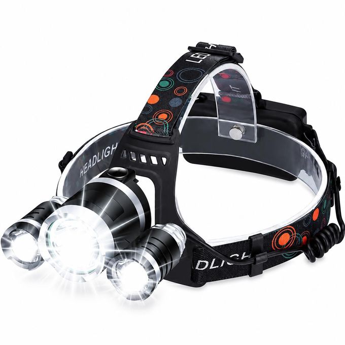 Rechargeable T6 3-Head LED Headlamp - Lightweight, 90° Adjustable Torch for Night