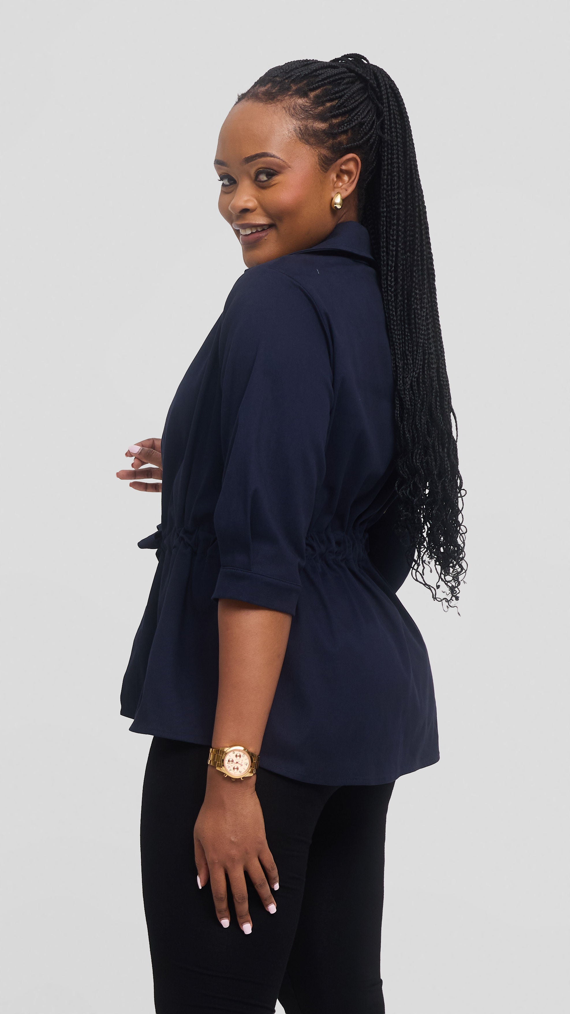 Safari by Vivo Peplum Jacket in Cotton - Navy Blue — view 3