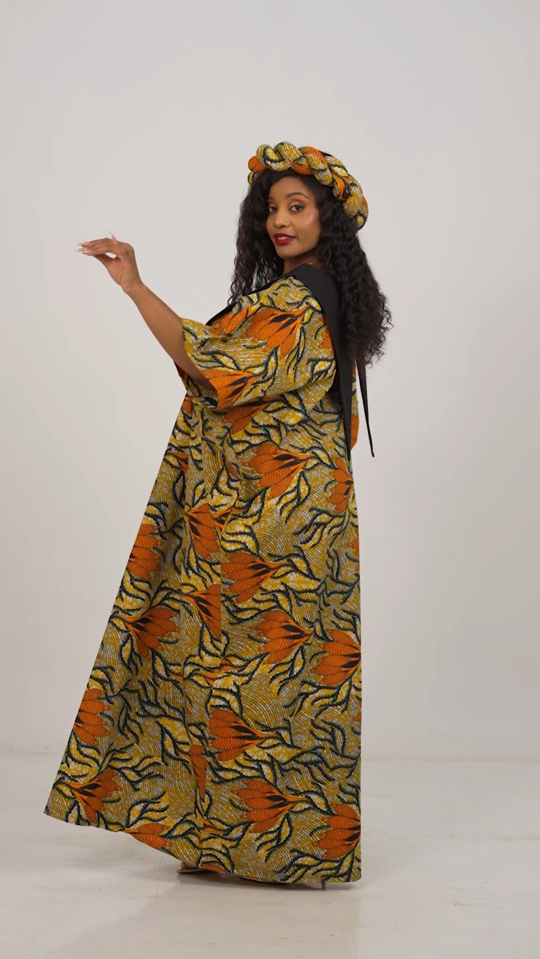 Shona Ankara Boubou Dress + Matching Headpiece - Orange Print — view 2