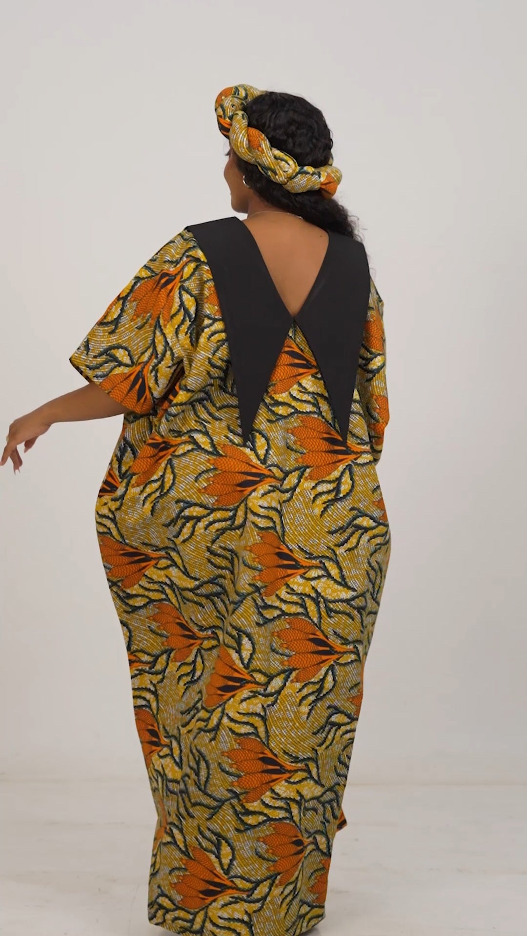 Shona Ankara Boubou Dress + Matching Headpiece - Orange Print — view 3