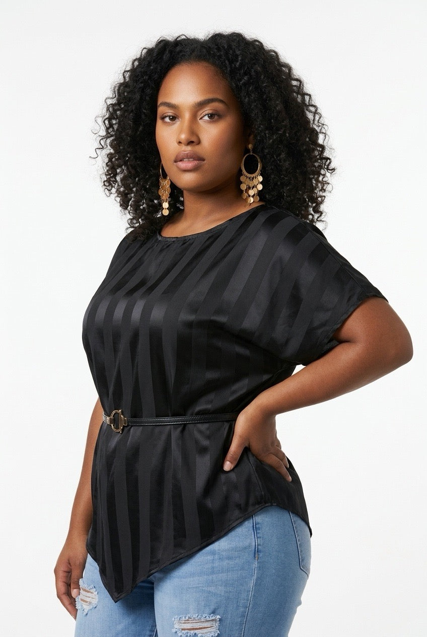 Stylish Sisters Asymmetric Striped Satin Blouse with Belt - Black — view 2