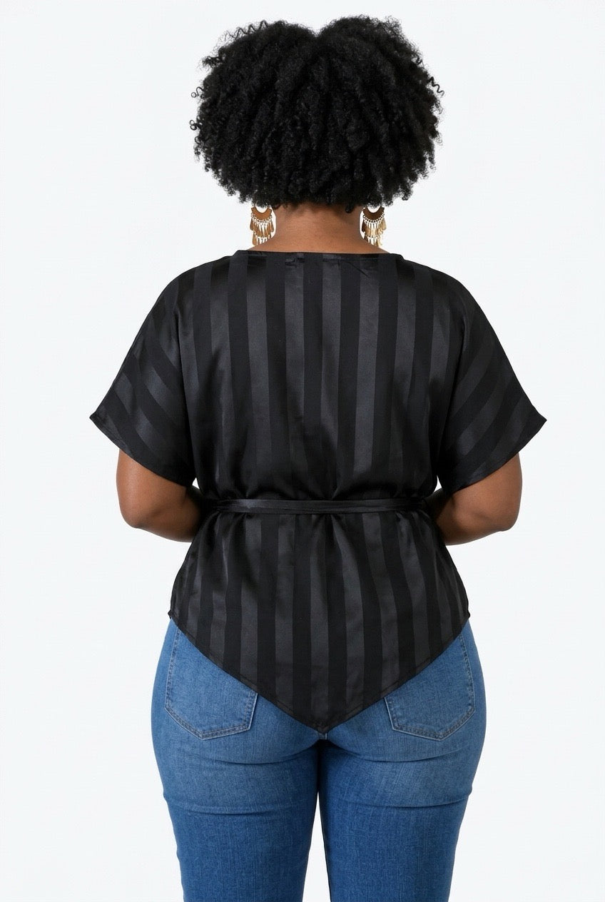 Stylish Sisters Asymmetric Striped Satin Blouse with Belt - Black — view 3