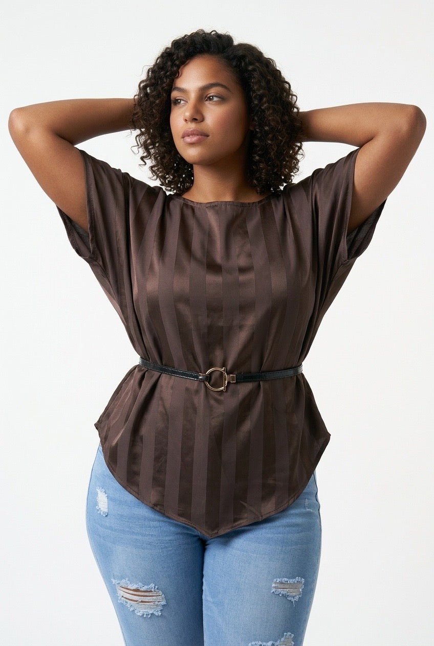 Stylish Sisters Asymmetric Striped Satin Blouse with Belt - Brown — view 2