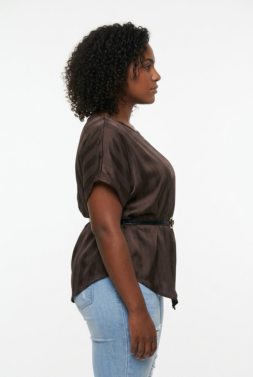 Stylish Sisters Asymmetric Striped Satin Blouse with Belt - Brown — view 3
