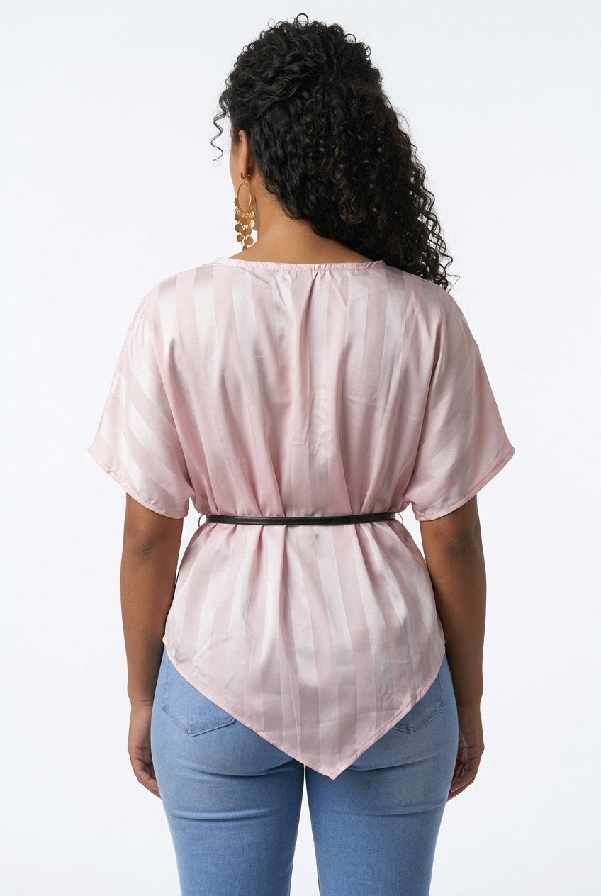 Stylish Sisters Asymmetric Striped Satin Blouse with Belt - Light Pink — view 2