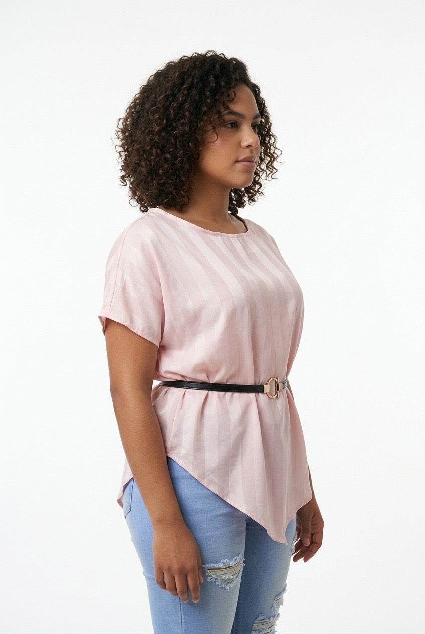 Stylish Sisters Asymmetric Striped Satin Blouse with Belt - Light Pink — view 3