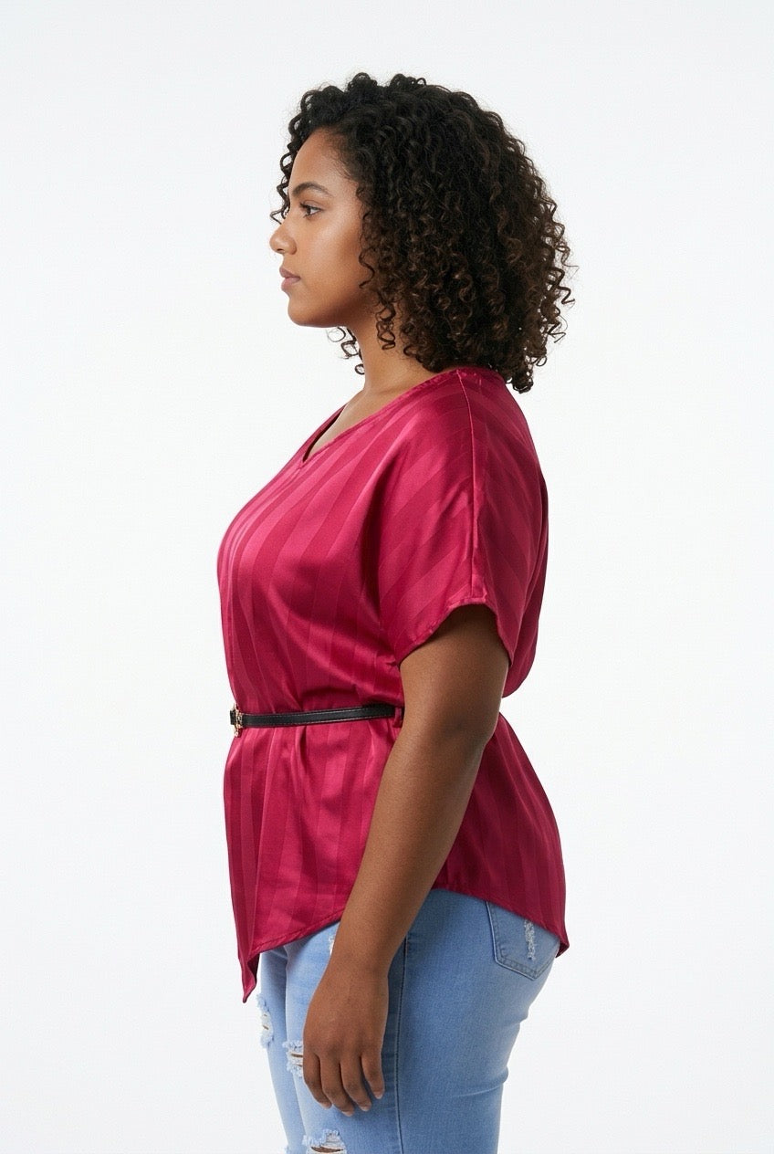 Stylish Sisters Asymmetric Striped Satin Blouse with Belt - Maroon — view 2