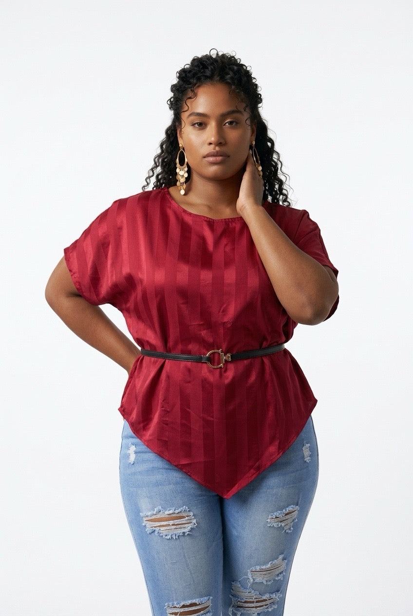 Stylish Sisters Asymmetric Striped Satin Blouse with Belt - Maroon — view 3