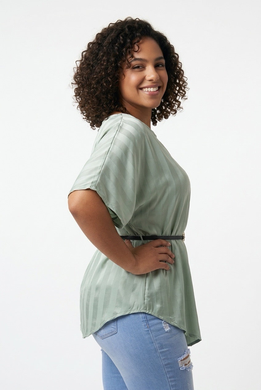 Stylish Sisters Asymmetric Striped Satin Blouse with Belt - Mint Green — view 2