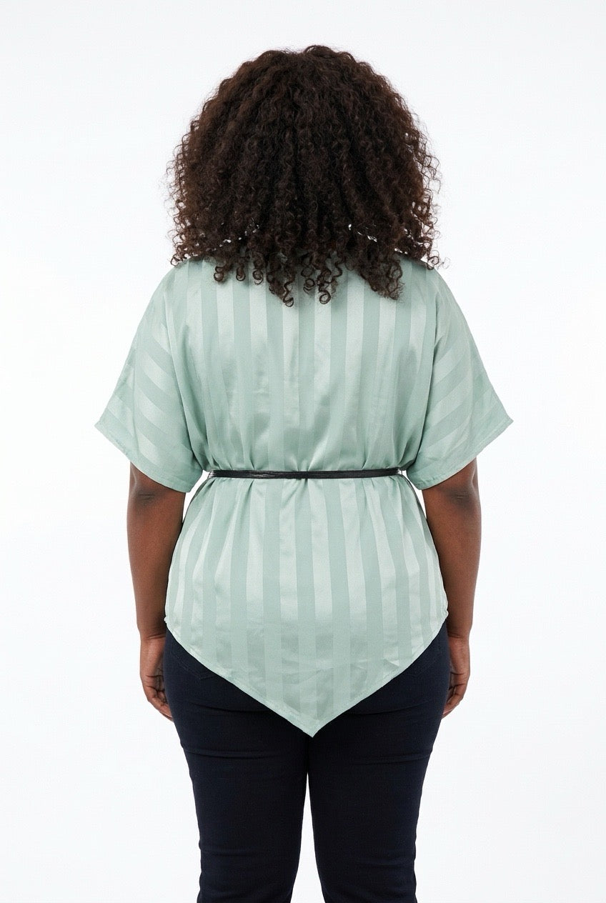 Stylish Sisters Asymmetric Striped Satin Blouse with Belt - Mint Green — view 3