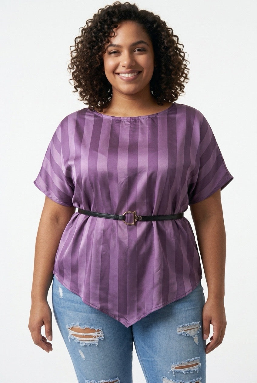 Stylish Sisters Asymmetric Striped Satin Blouse with Belt - Purple — view 2