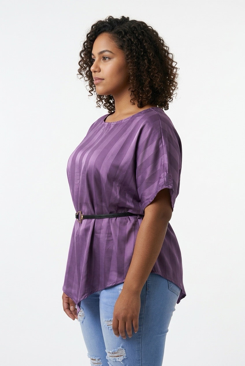Stylish Sisters Asymmetric Striped Satin Blouse with Belt - Purple — view 3