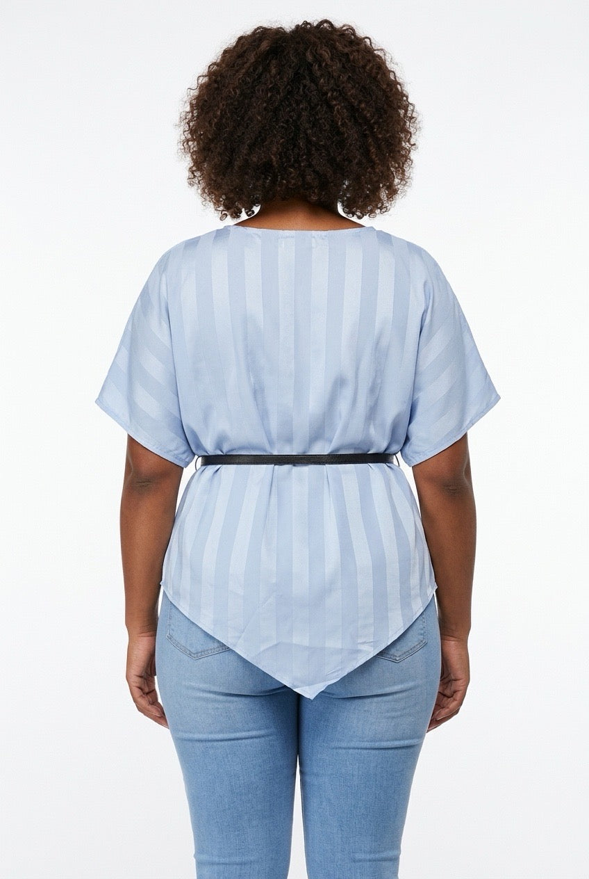 Stylish Sisters Asymmetric Striped Satin Blouse with Belt - sky blue — view 2