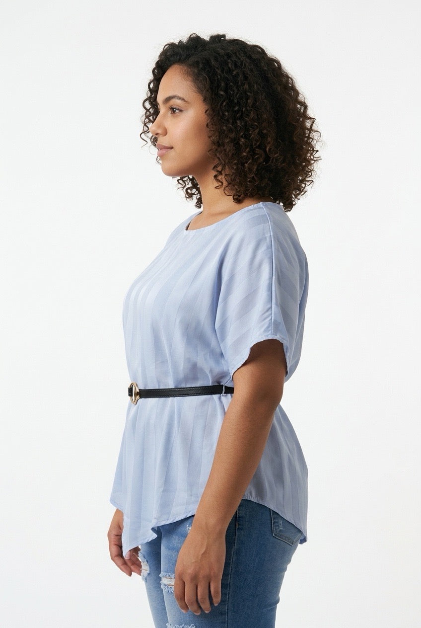 Stylish Sisters Asymmetric Striped Satin Blouse with Belt - sky blue — view 3
