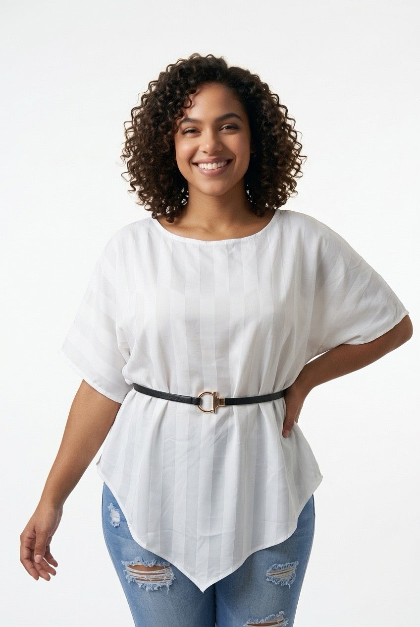 Stylish Sisters Asymmetric Striped Satin Blouse with Belt - White — view 2
