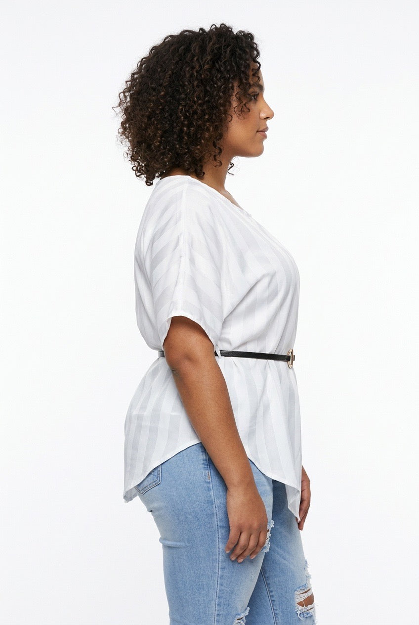Stylish Sisters Asymmetric Striped Satin Blouse with Belt - White — view 3