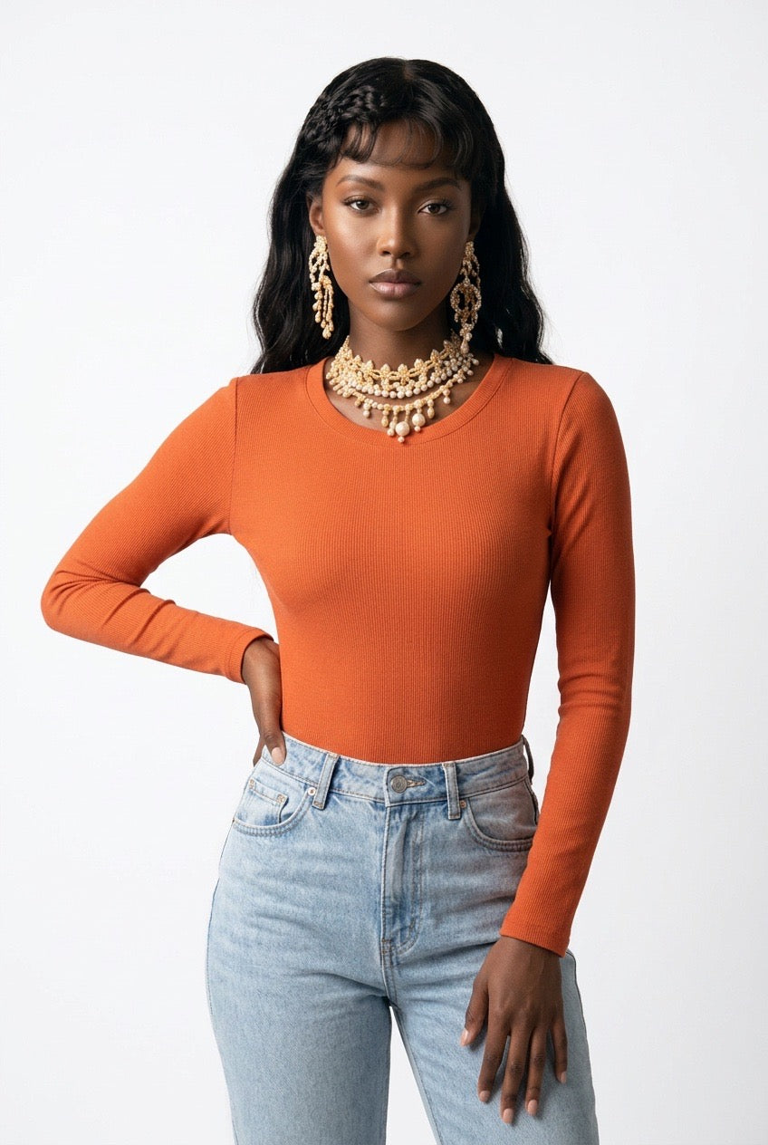 Stylish Sisters Long Sleeve Cotton Scoop Neck Bodysuit - Orange — view 3
