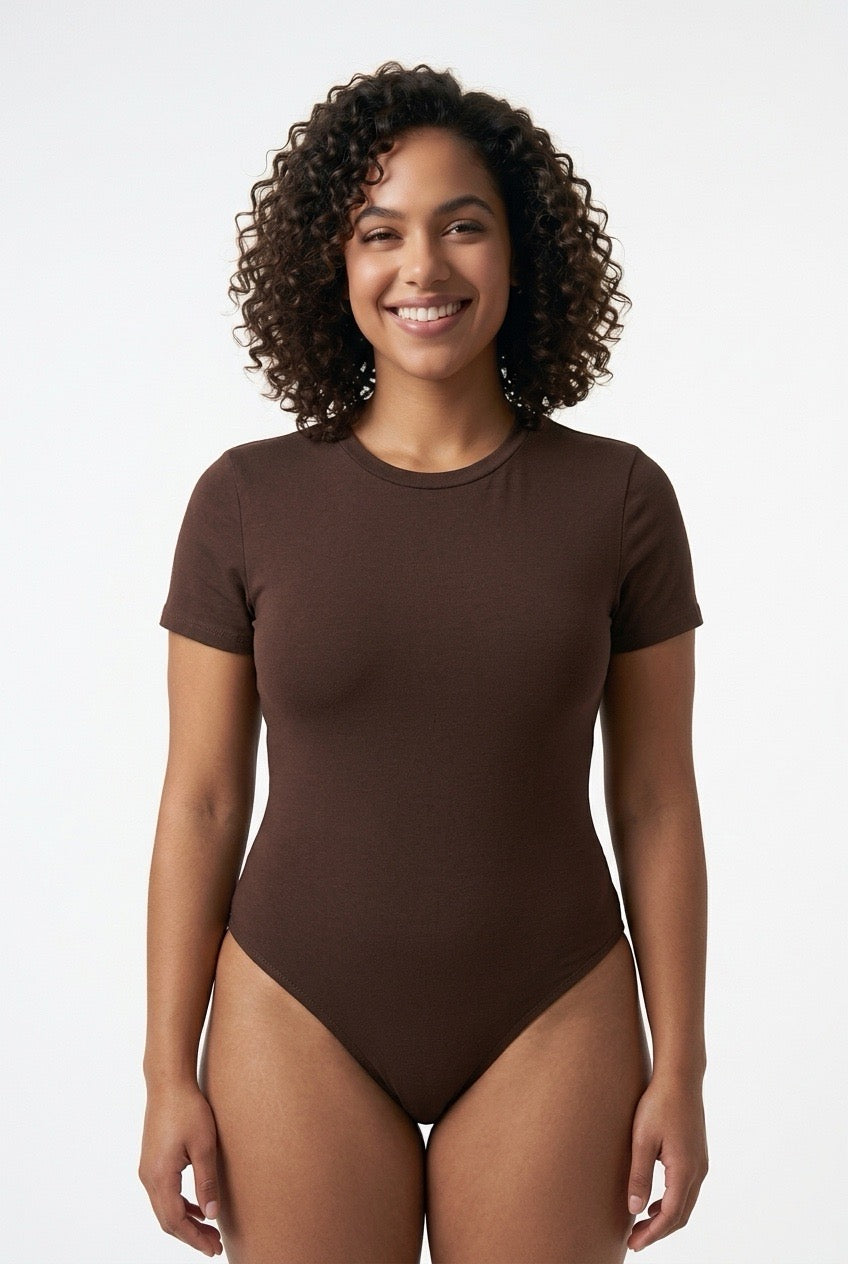 Stylish Sisters Short Sleeve Cotton Scoop Neck Bodysuit - Brown
