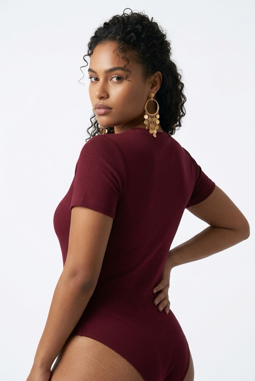 Stylish Sisters Short Sleeve Cotton Scoop Neck Bodysuit - Maroon — view 2