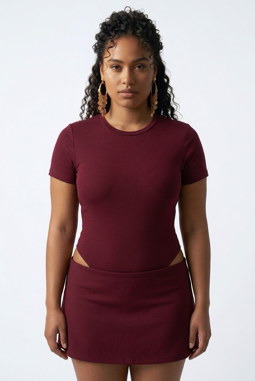 Stylish Sisters Short Sleeve Cotton Scoop Neck Bodysuit - Maroon — view 3