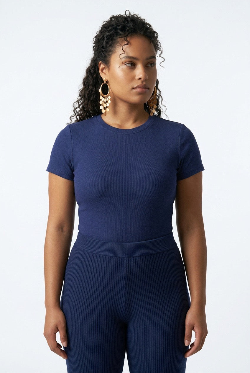 Stylish Sisters Short Sleeve Cotton Scoop Neck Bodysuit - Navy Blue — view 2