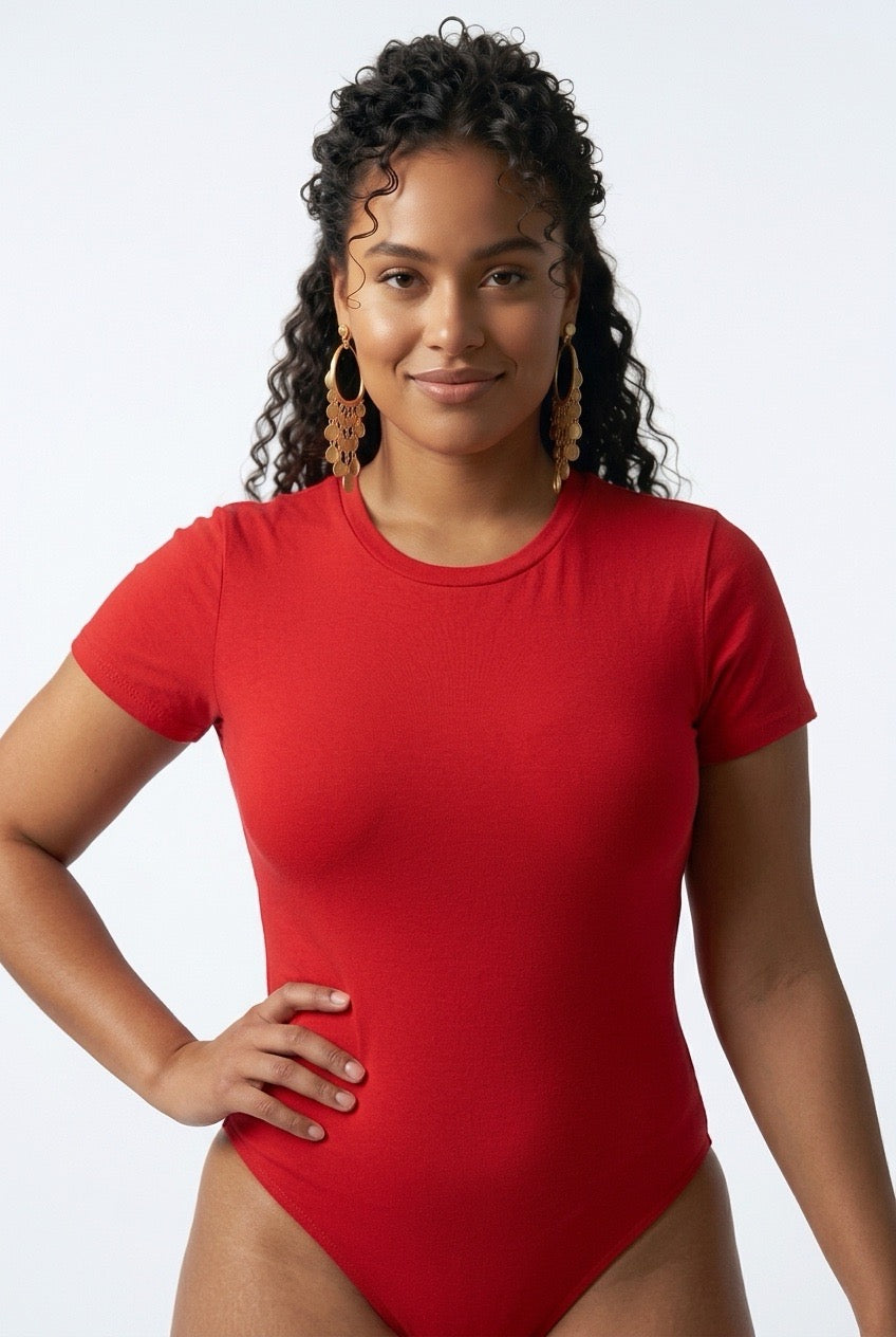 Stylish Sisters Short Sleeve Cotton Scoop Neck Bodysuit - Red