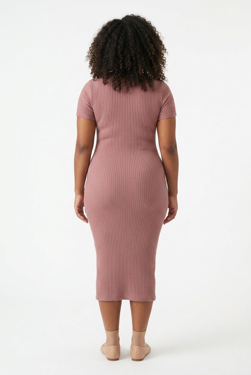 Stylish Sisters Short Sleeve Ribbed Knit Bodycon Midi Dress - Mauve — view 3
