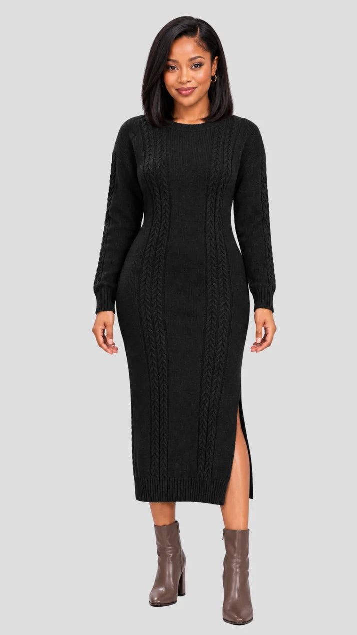 The Cable Knit Sweater Midi Dress - Black — view 2