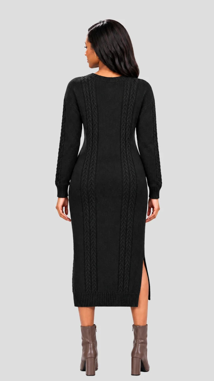 The Cable Knit Sweater Midi Dress - Black — view 3