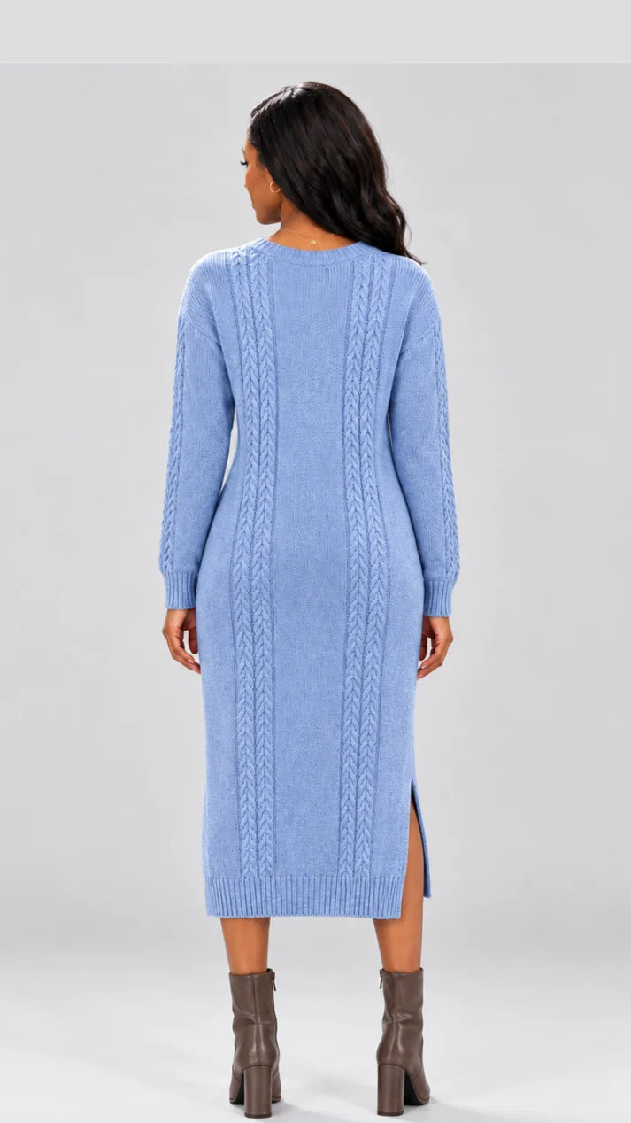 The Frenzy Cable Knit Sweater Midi Dress - Blue — view 3