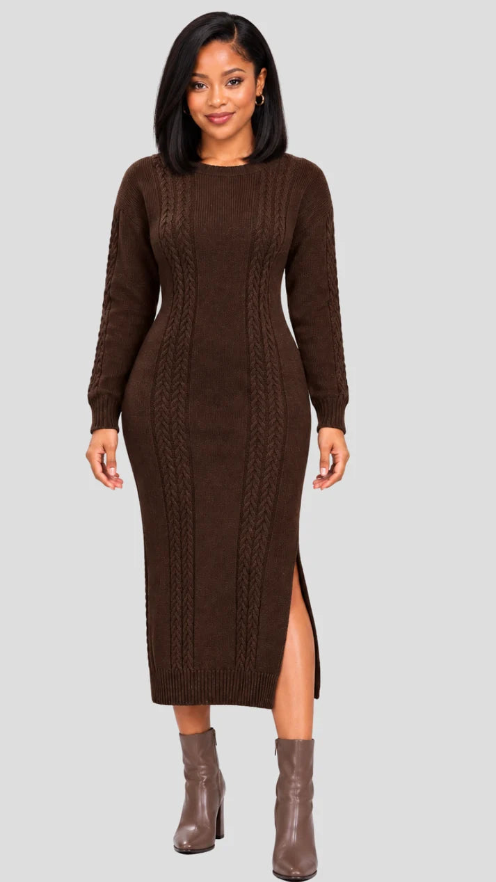 The Frenzy Cable Knit Sweater Midi Dress - Brown