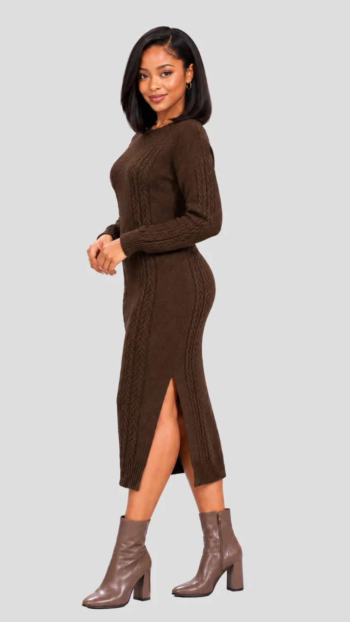 The Frenzy Cable Knit Sweater Midi Dress - Brown — view 2