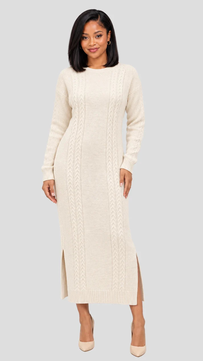 The Frenzy Cable Knit Sweater Midi Dress- Cream
