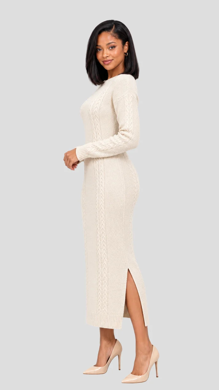 The Frenzy Cable Knit Sweater Midi Dress- Cream — view 2
